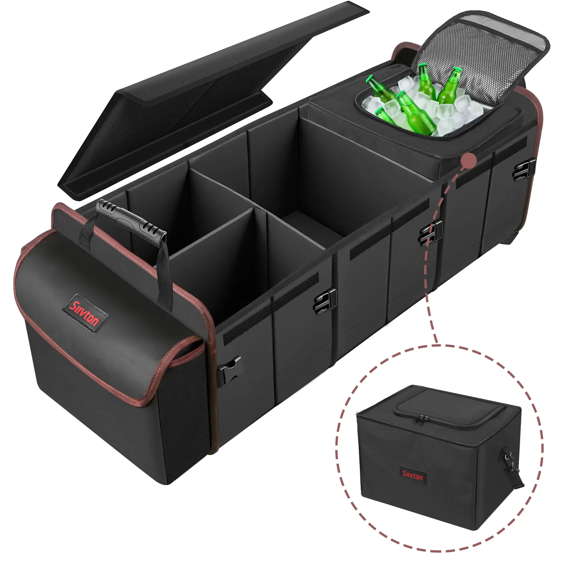 Siivton Car Trunk Organizer, 115L Collapsible SUV Organizer, Collapsible Large Storage Box with Cooler Bag for Cars, Black